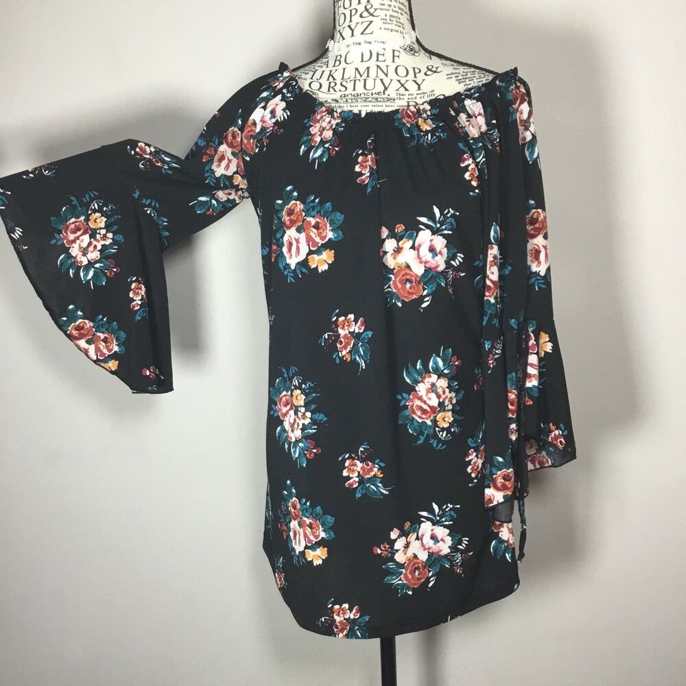 Bell sleeve floral tunic on off shoulder top ruffle neck fairy cottagecore S/M